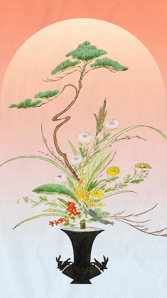 Japanese flower arrangement mobile wallpaper illustration