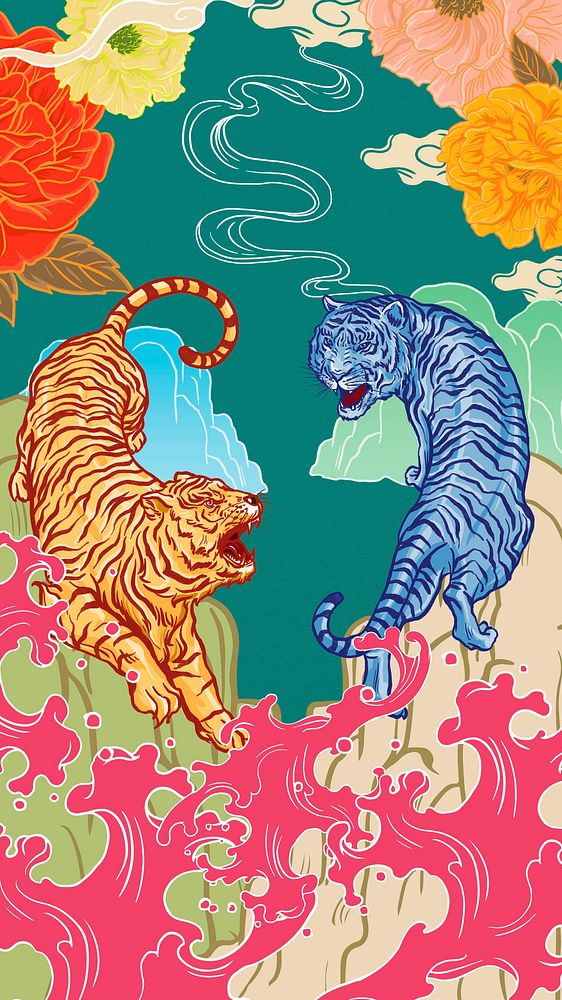Colorful roaring tiger iPhone wallpaper, vintage wildlife illustration