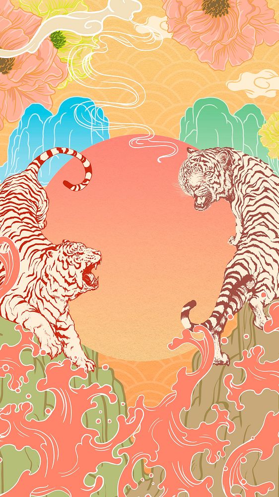 Vintage Japanese tiger mobile wallpaper, animal frame illustration