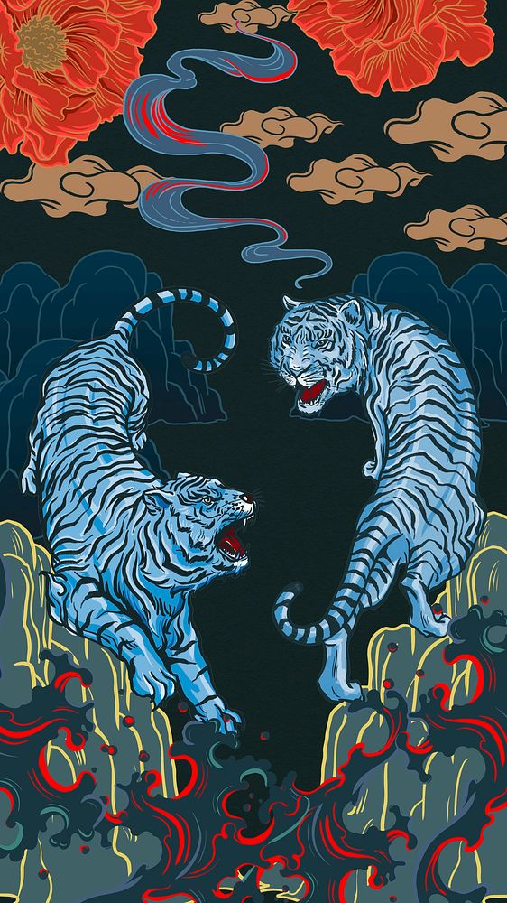 Vintage roaring tiger iPhone wallpaper, wildlife illustration