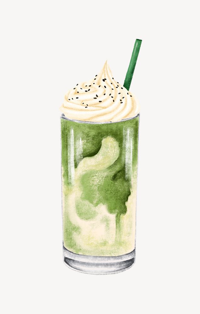 Green tea frappe, whip cream topping illustration psd