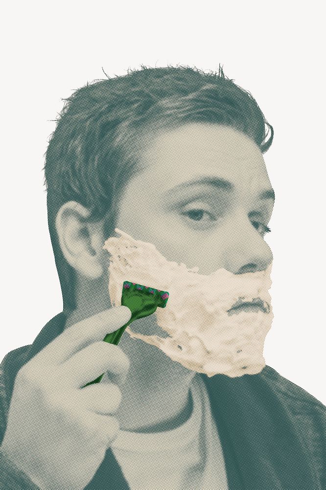Man shaving beard, green vintage filtered photo