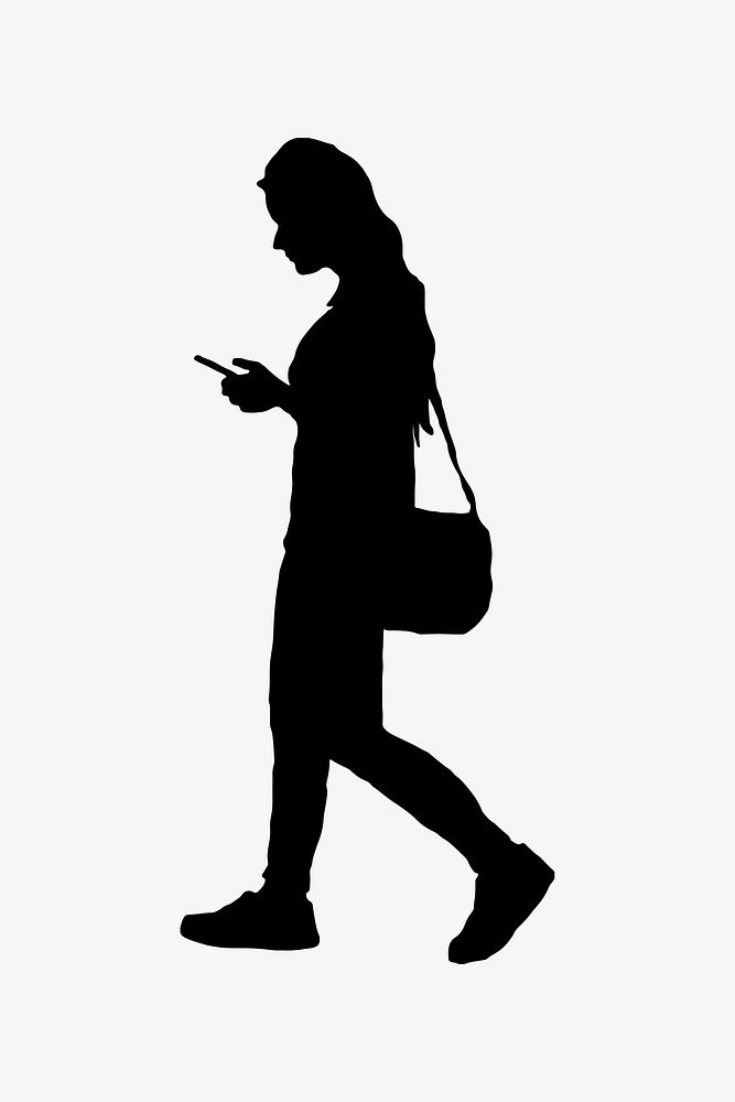 Woman walking, using phone silhouette vector