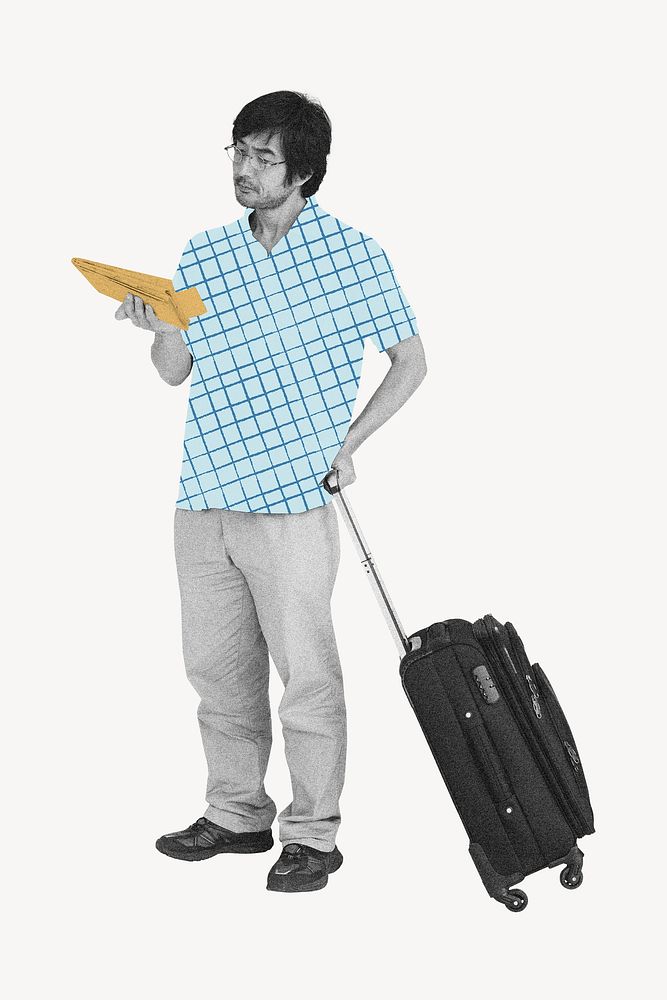 Asian man dragging luggage, travel photo psd