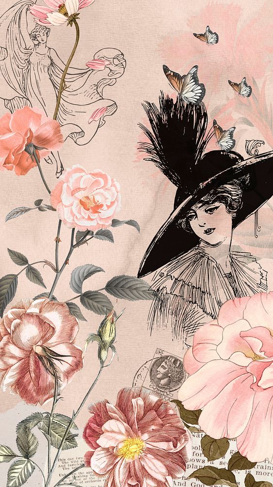 Pink vintage woman iPhone wallpaper, mixed media illustration