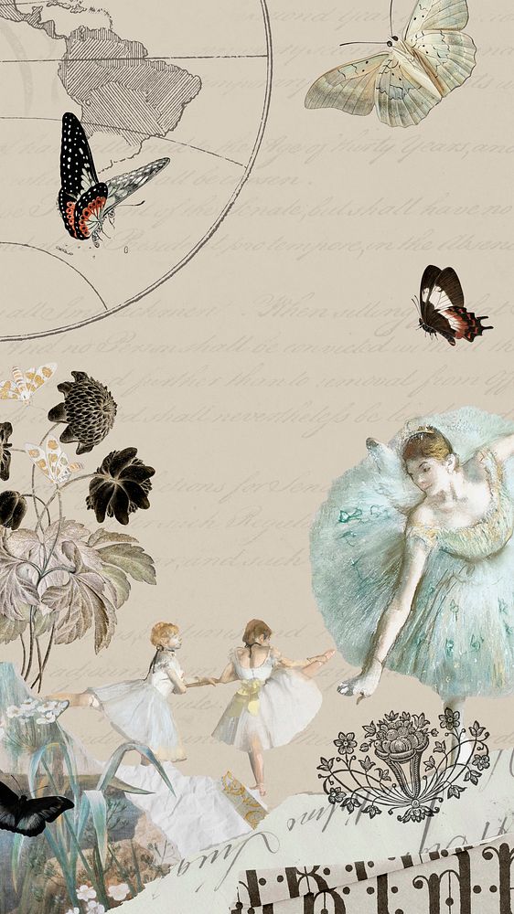 Beige vintage ballerina iPhone wallpaper, mixed media illustration