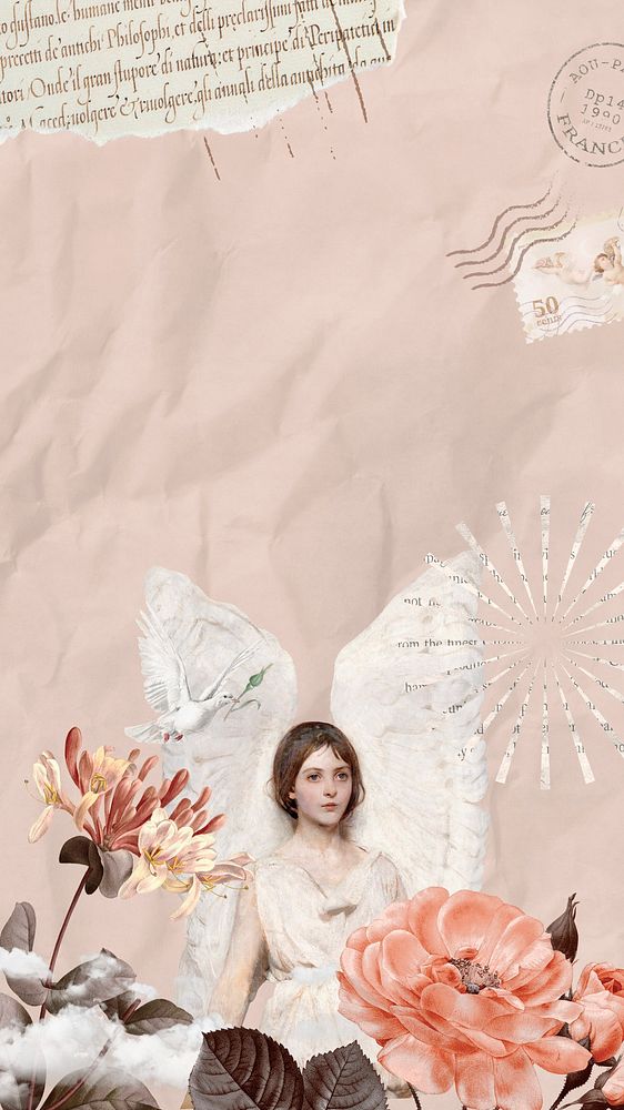 Pink vintage angel phone wallpaper, mixed media illustration
