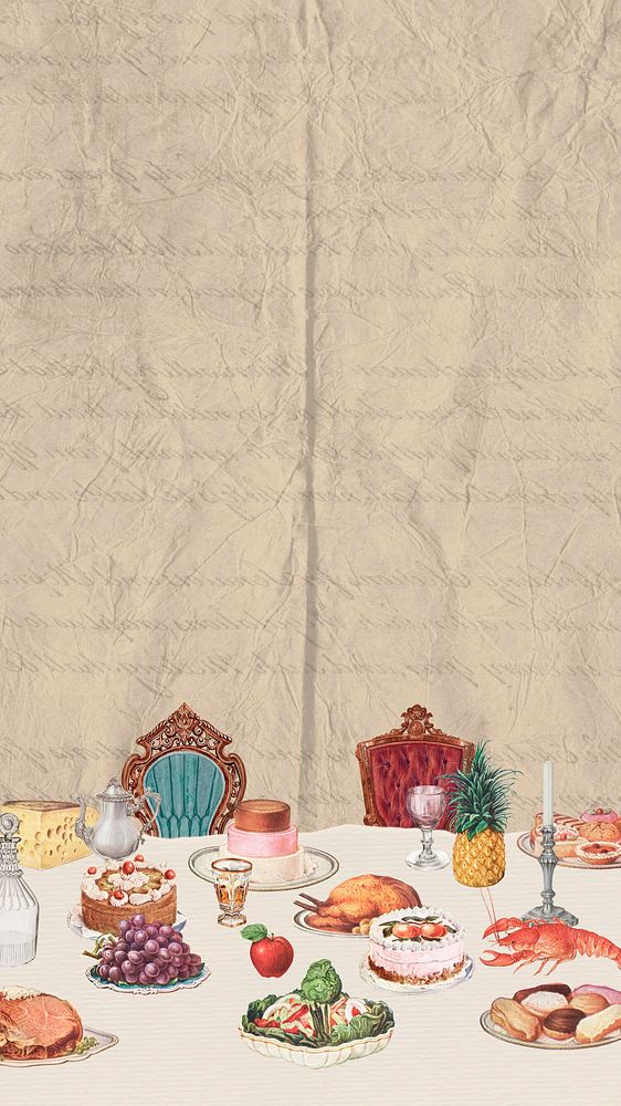 Supper table ephemera phone wallpaper, vintage mixed media illustration