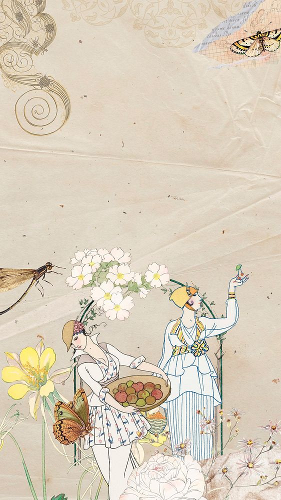 Garden ladies vintage iPhone wallpaper, mixed media illustration