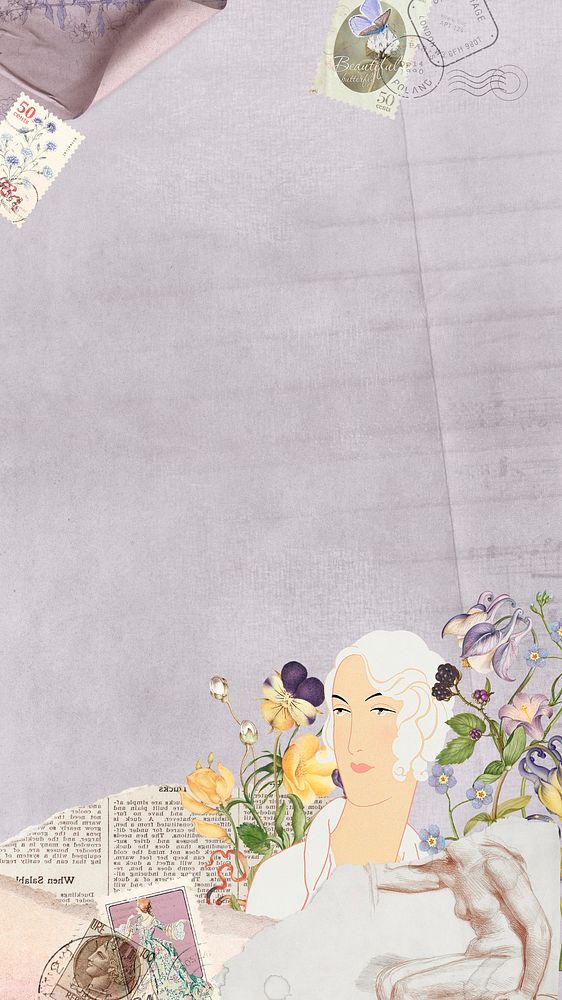 Purple ephemera phone wallpaper, vintage lady mixed media illustration