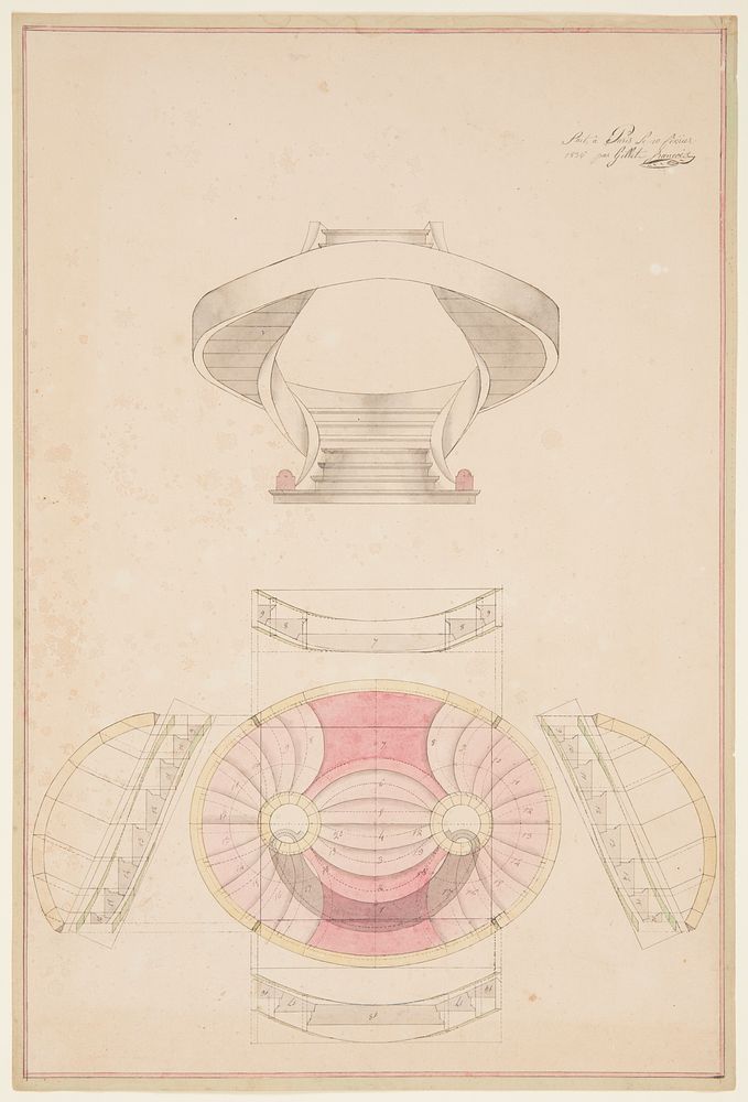 Elevation and Plan for a Staircase Model in the English Style by Fran&ccedil;oise Gillet
