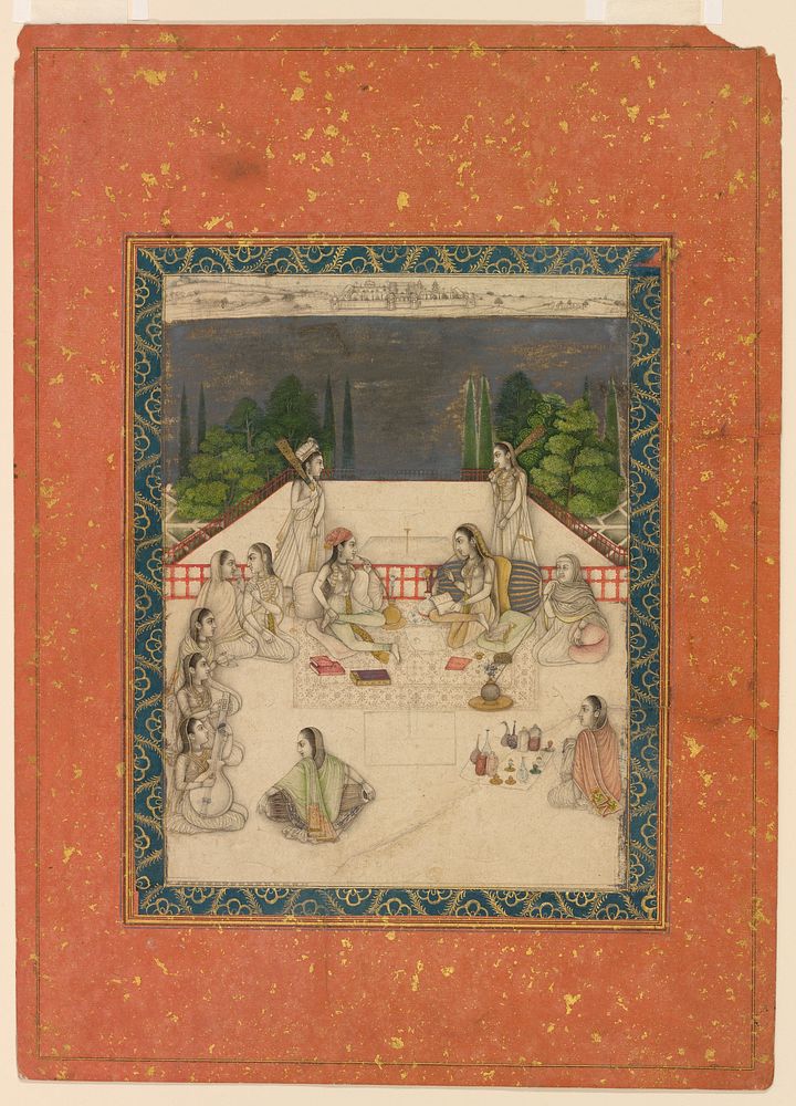 Two women seated on a terrace, surrounded by attendants and musicians, Mughal Court