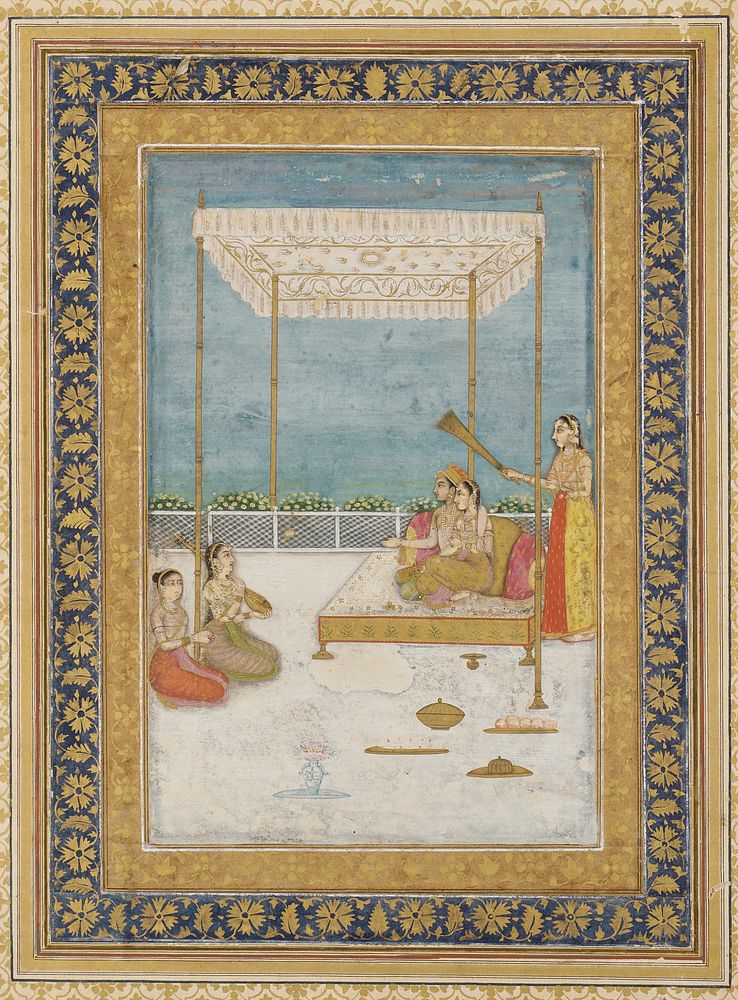 Lovers on a terrace, with an attendant and musicians
