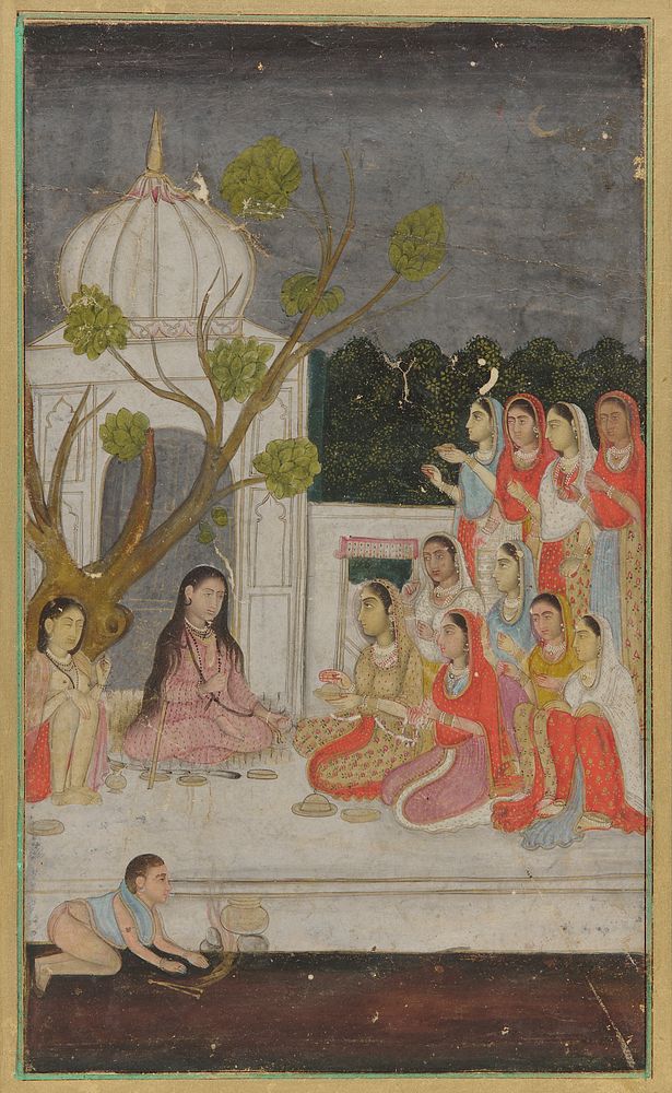 Fortune-telling; a group of women on a terrace at night