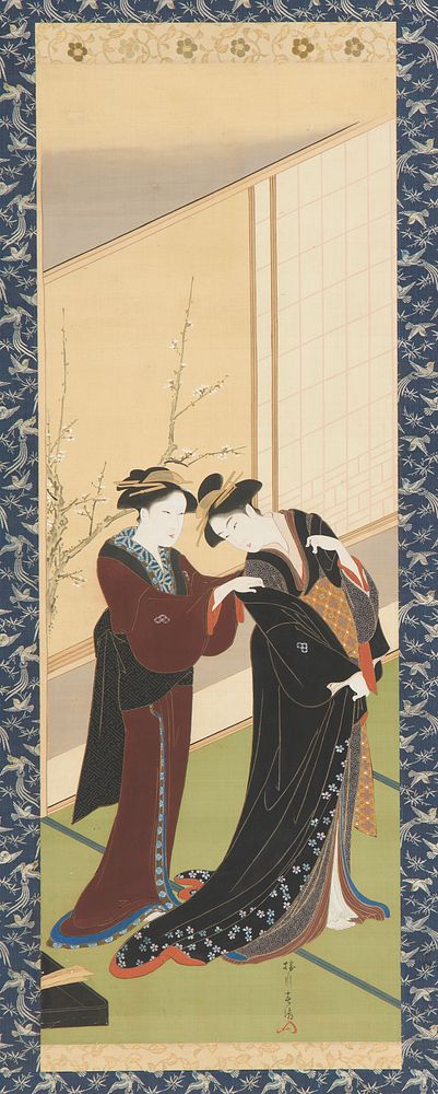 Interior: a woman helping a girl to dress by Katsukawa Shuncho