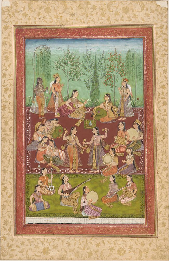 A group of women in a garden, entertaining themselves with music and dancing, Mughal Court