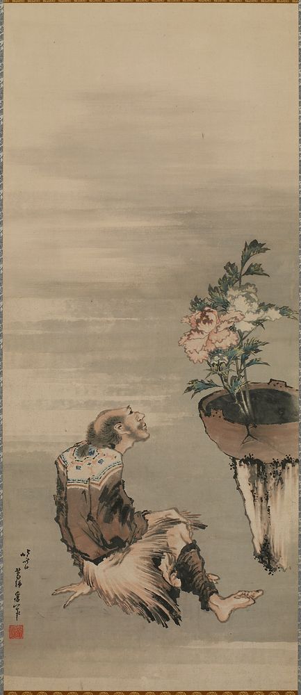 A Seated Man Looking at Potted Peonies by Katsushika Hokusai