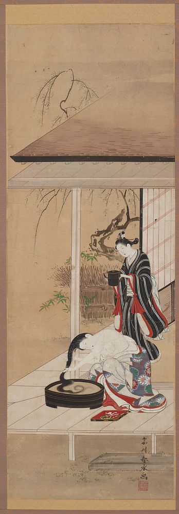 Woman washing her hair with an attendant by Katsukawa Shunsui