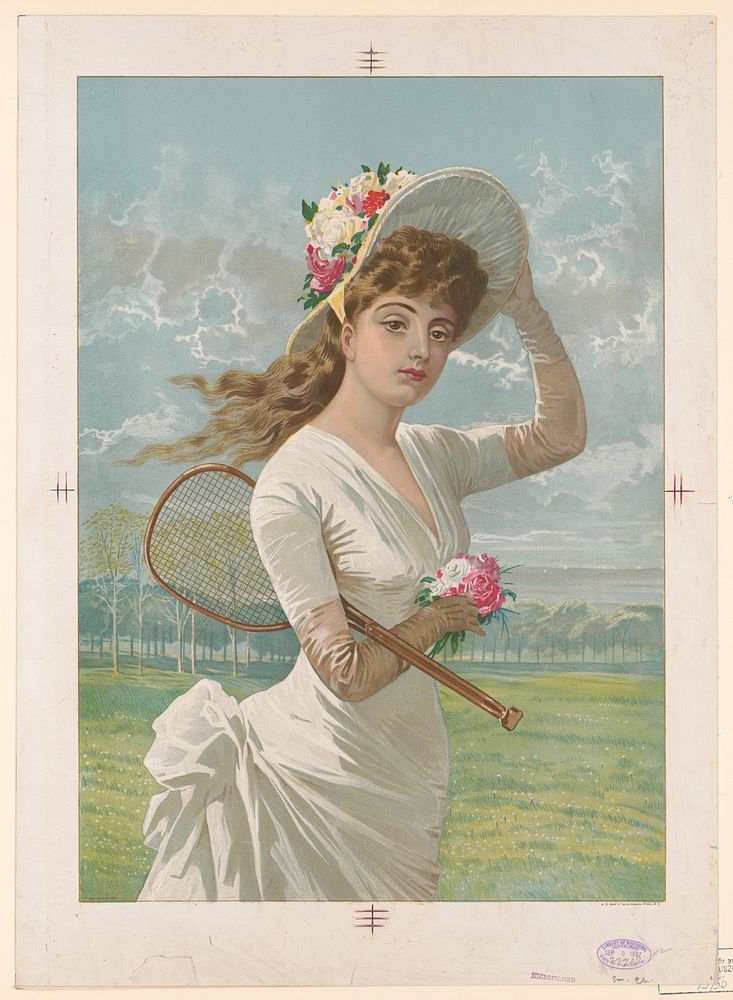 Woman in white dress holding flowers and tennis racket (1887). Original from the Library of Congress.