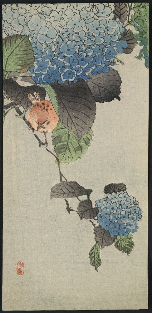 Asian Framed Art - Blue Hydrangea and Bird. Original public domain image from the Library of Congress.