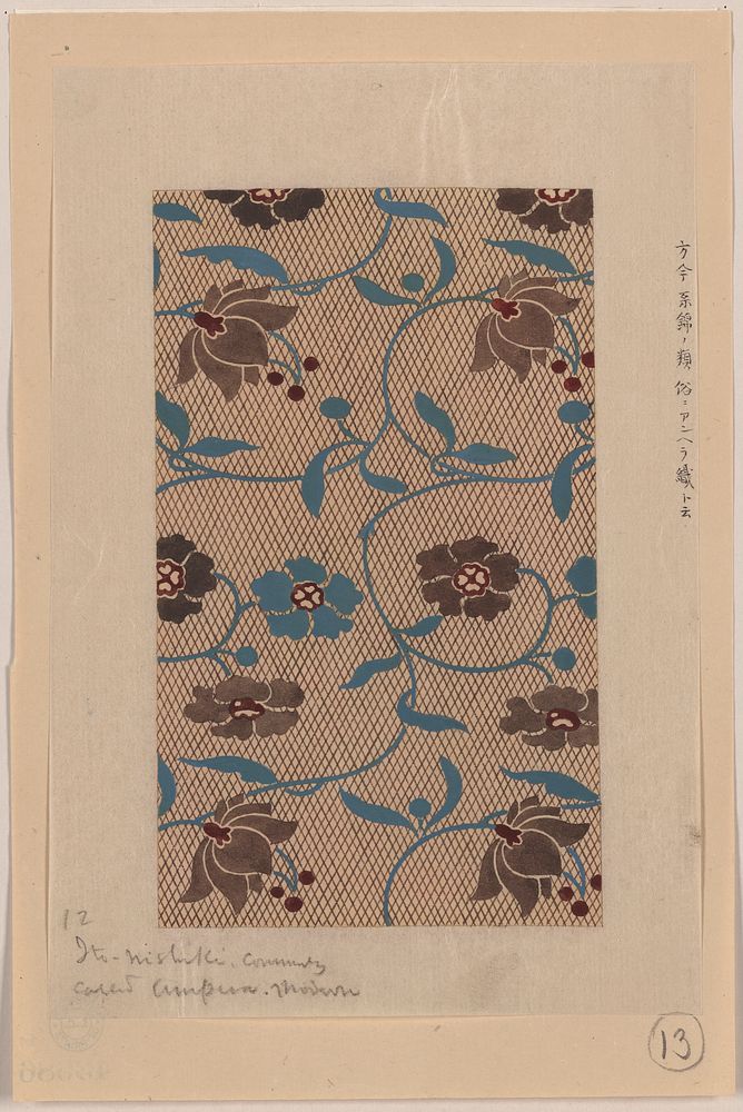 Ito nishiki (yarn brocade), anhera-ori (weave), shows floral and vine designs for kimonos (ca.1750-1900) print in high…