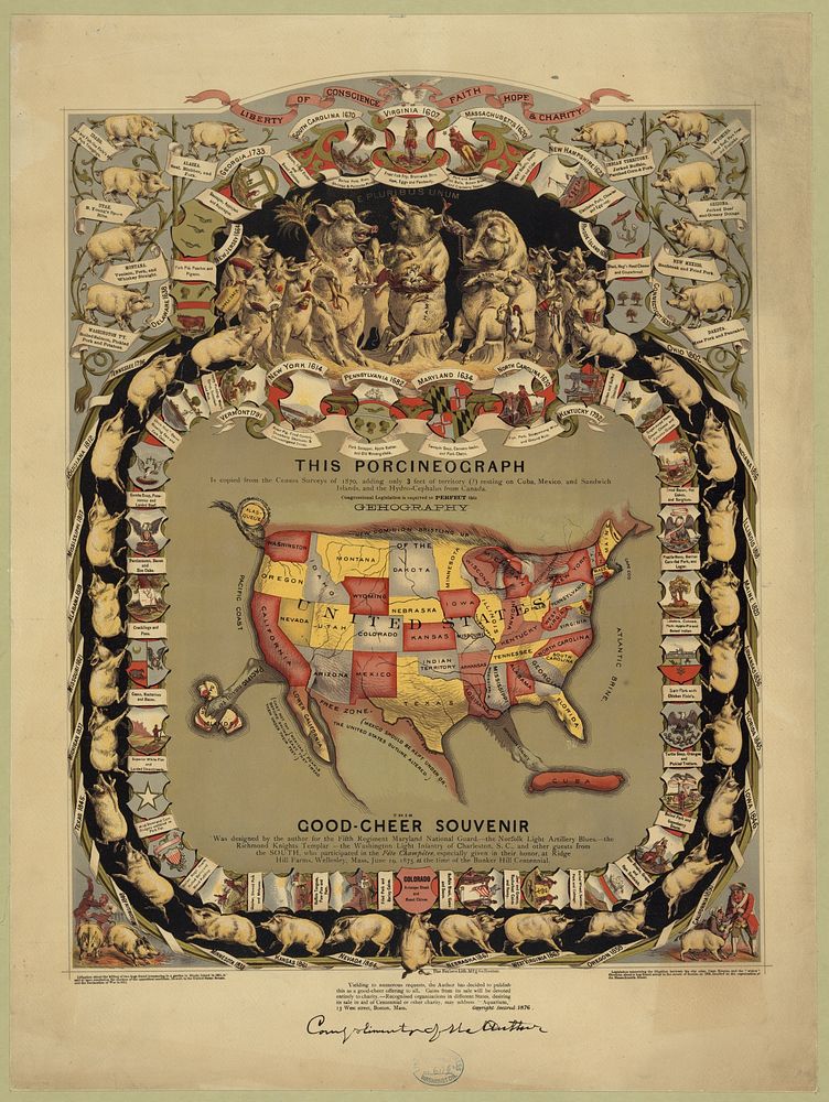 Map of the United States in shape of a pig, surrounded by pigs representing the different states, with notations of state…
