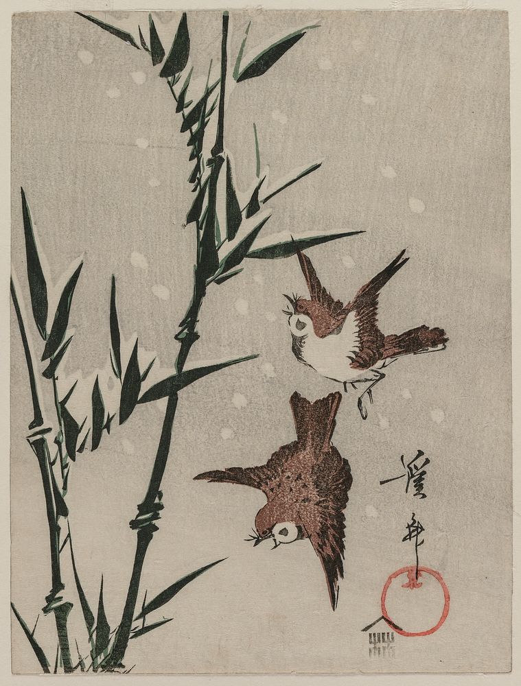 Sparrows, Bamboo and Falling Snow (c. late 1820s) print in high resolution by Keisai Eisen. Original from The Cleveland…