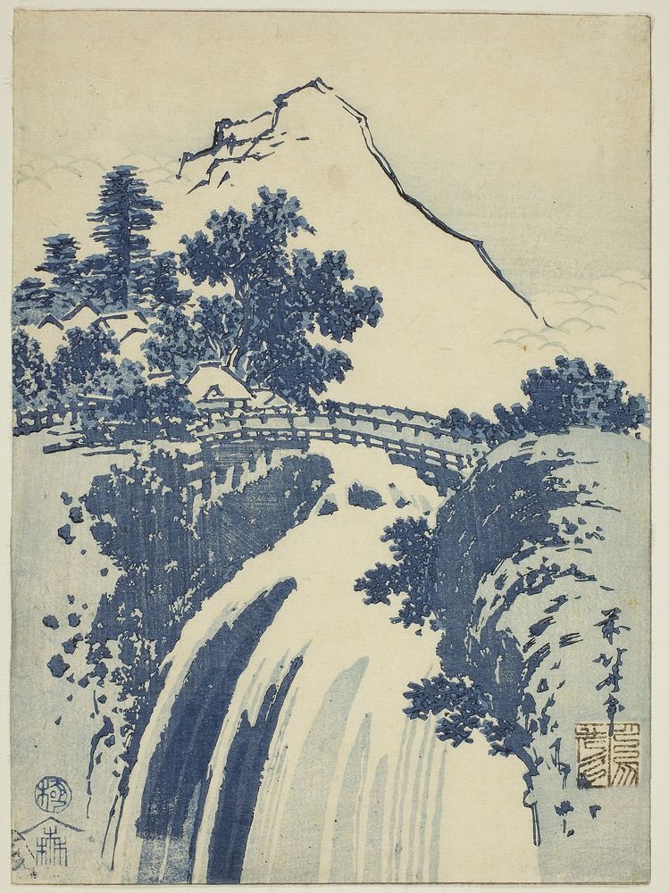 Katsushika Hokusai's landscape with waterfall, from an untitled series of chuban prints (1831). Original from The Art…