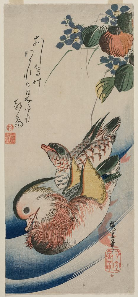 Utagawa Hiroshige (1797 – 1858) "Oshidori", trans. "Mandarin Ducks" Color woodcut."Out in a morning wind,Have seen a pair of…