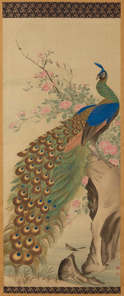 Peacock and flowers (right of a pair of Birds and Flowers) (ca. 1840) painting in high resolution by Nagasawa Roshu. …