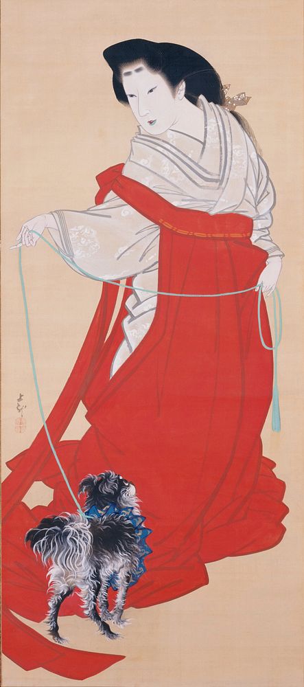 Court Lady with Dog (1830s) painting in high resolution by Mihata Joryu.  Original from the Minneapolis Institute of Art.