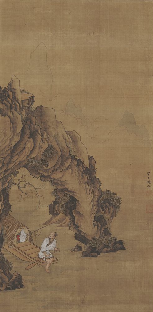 Landscape with Fisherman Outside a Cave during mid 19th century painting in high resolution by Mochizuki Gyokusen.  Original…