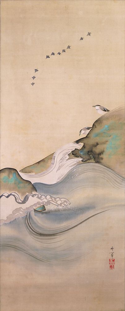 Plovers, Rocks, and Waves during first half 19th century painting in high resolution by Suzuki Kiitsu.  Original from the…