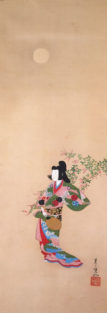 Prostitute Takao with Bush Clover and Moon during first half 19th century painting in high resolution by Suzuki Kiitsu.…