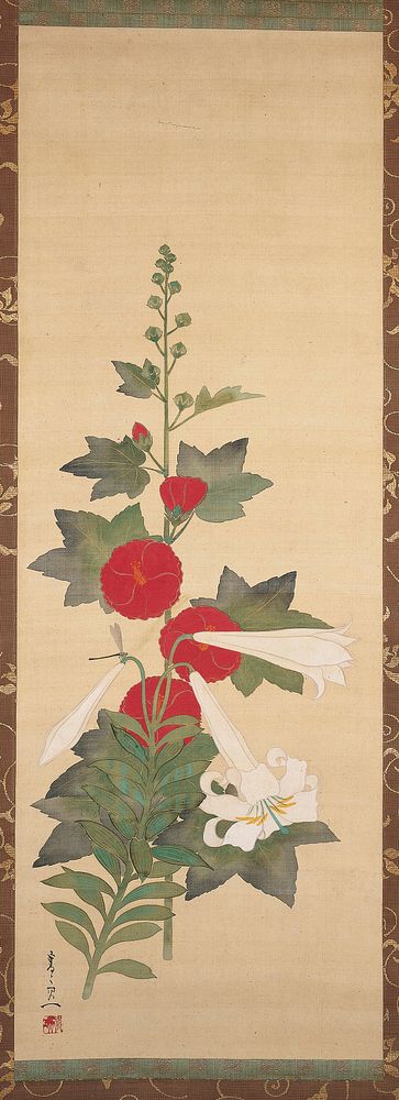 Hollyhock and Lilies during first half 19th century painting in high resolution by Suzuki Kiitsu. Original from the…