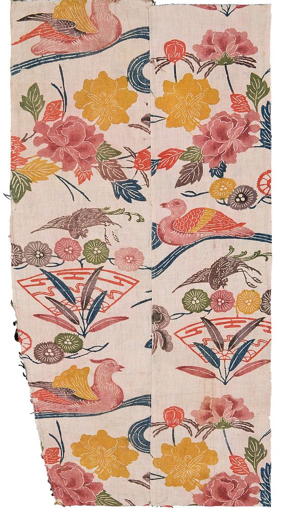 Fragment decorated with florals, ducks, fans, and phoenix during 19th century textile in high resolution.  Original from The…