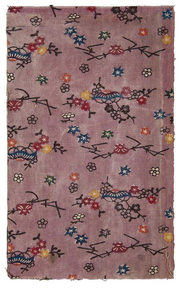 Purple-ground fragment with florals and kakuregasa motif during 19th century textile in high resolution.  Original from The…