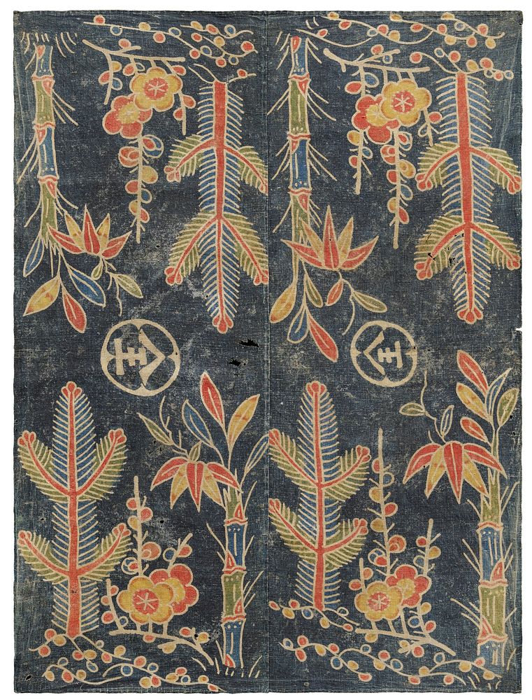 Wrapping cloth (uchikui) with pine, bamboo, and plum (shōchikubai) motif during 19th century textile in high resolution. …