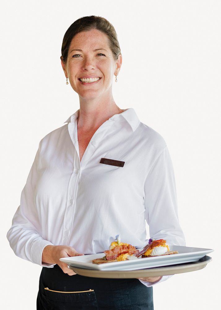 Waitress serving food sticker, working woman psd
