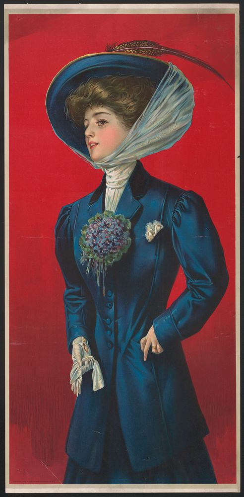 Woman in blue hat and coat with flower corsage on lapel (1908). Original from the Library of Congress.