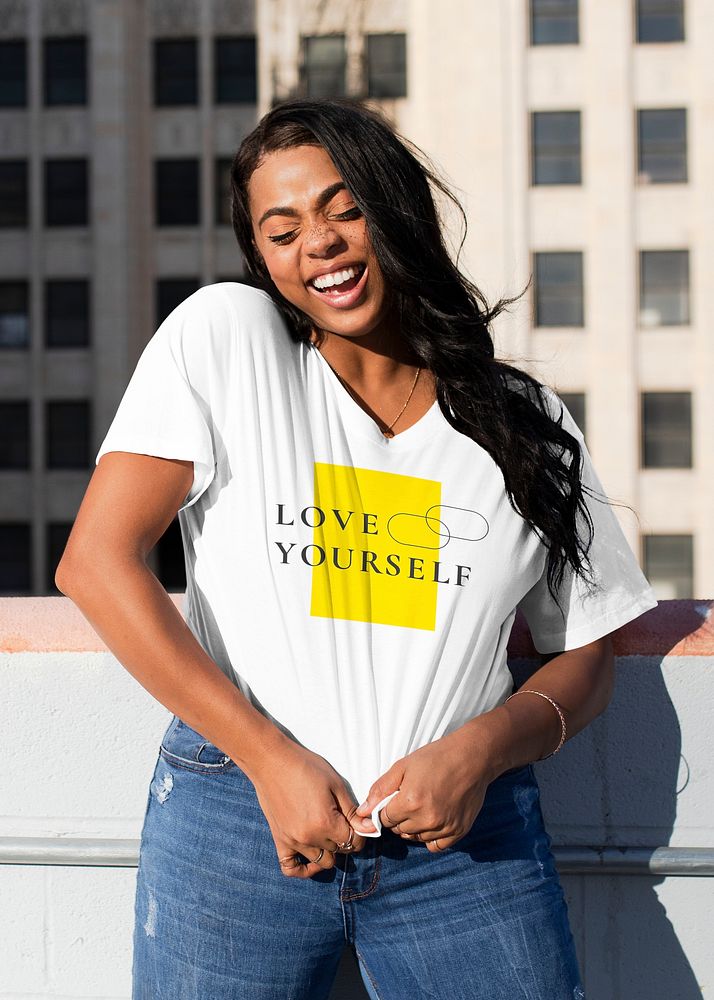 Printed white t-shirt mockup psd love yourself plus size women&rsquo;s fashion