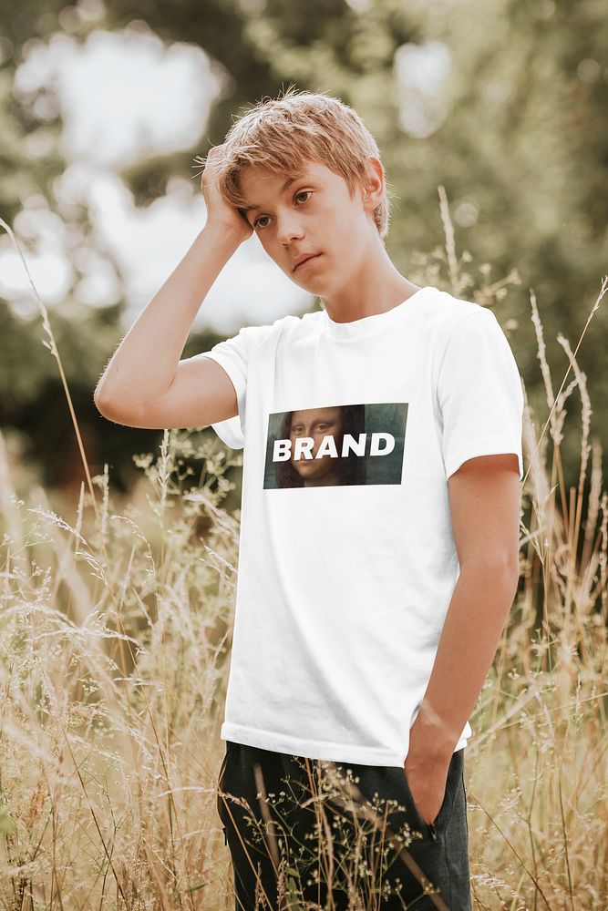 Boy in white tee mockup psd