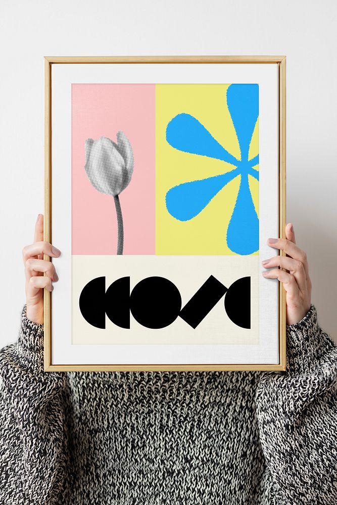Woman holding abstract flower framed picture