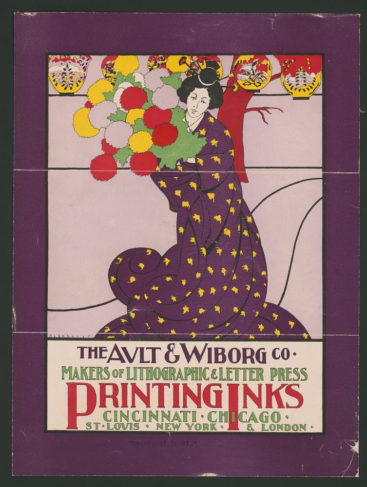 The Ault & Wiborg Co. makers of lithographic & letter press printing inks, Cincinnati, Chicago. Poster shows a women in a…