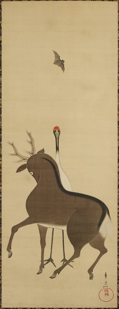 Deer, Crane and Bat during 19th century painting in high resolution by Suzuki Kiitsu. Original from the Minneapolis…