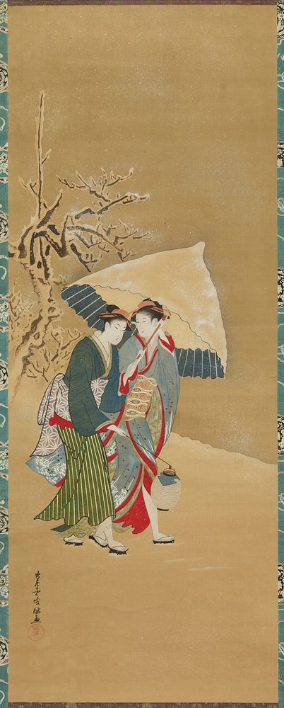 Two Beauties Walking in the Snow with Umbrella during 18th&ndash;19th century print in high resolution by Kubota Shunman.…