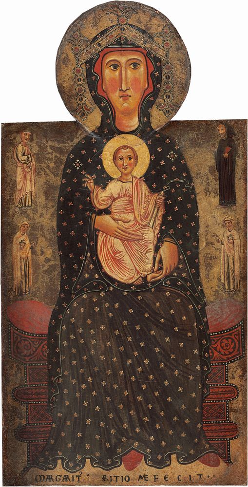 Madonna and Child Enthroned with Four Saints (ca. 1240–1245) by Margaritone d'Arezzo.  