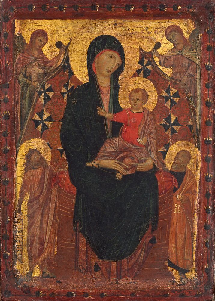 Madonna and Child with Saint John the Baptist, Saint Peter, and Two Angels (ca. 1290) by Tuscan 13th Century.  