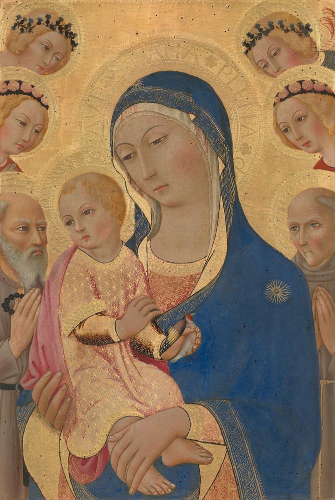 Madonna and Child with Saint Jerome, Saint Bernardino, and Angels (ca. 1460&ndash;1470) by Sano di Pietro.  