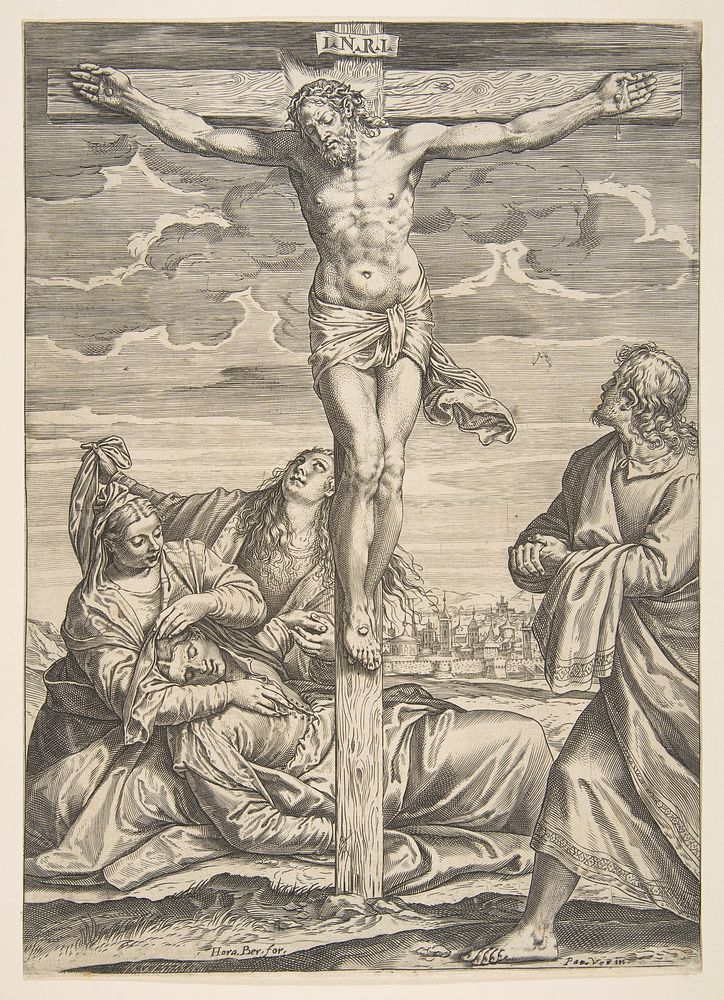 Christ on the cross, Saint John to the right looking toward him, to the left is the fainting Virgin Mary supported by two…